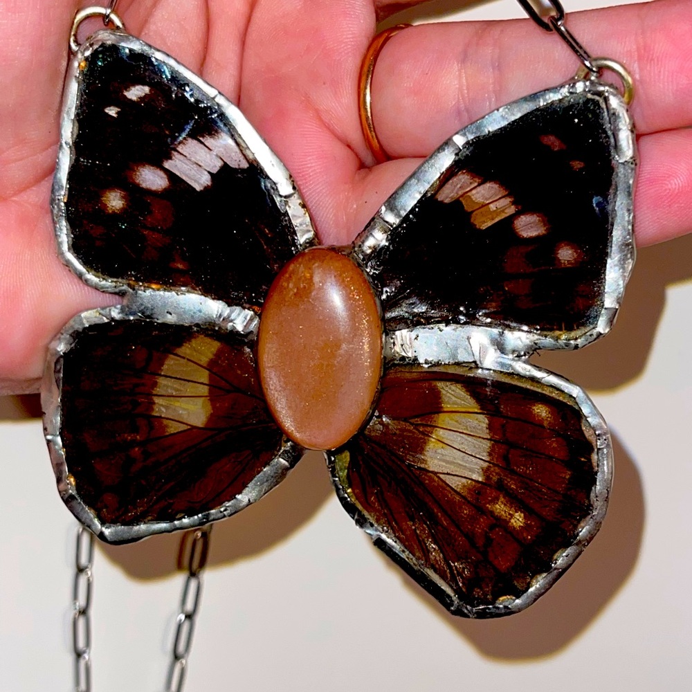 Natural sunstone in peach moonstone real butterfly necklace